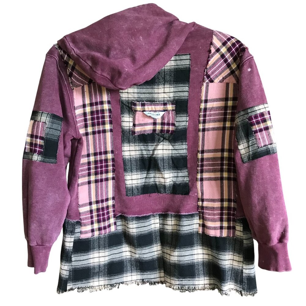 Upcycled Patchwork Hoodie, Distressed Magenta Grunge Sweater Campus Style S - M